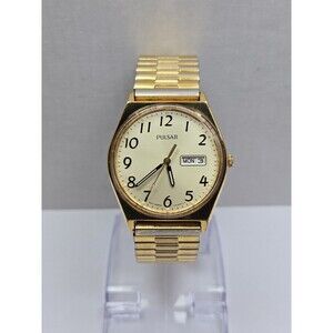 Vintage Pulsar Mens Gold Tone Day Date Luminous Quartz Stretch Watch New Battery